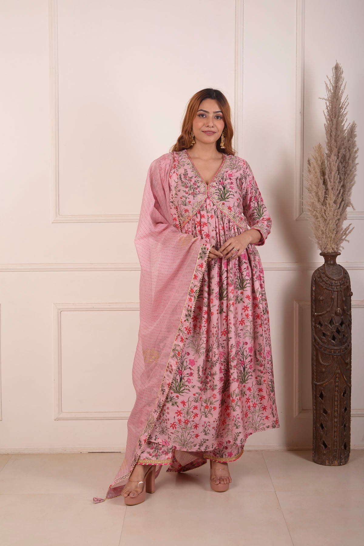 Rimjhim Peach Digital Print With Aari Embroidery Work Yoke Gathered Kurta With Plazzo And Dupatta