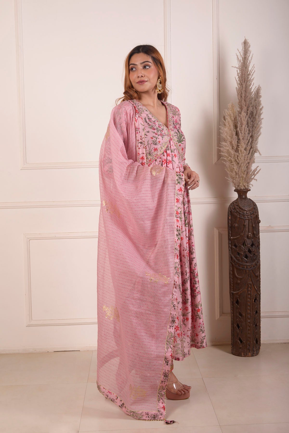 Rimjhim Peach Digital Print With Aari Embroidery Work Yoke Gathered Kurta With Plazzo And Dupatta