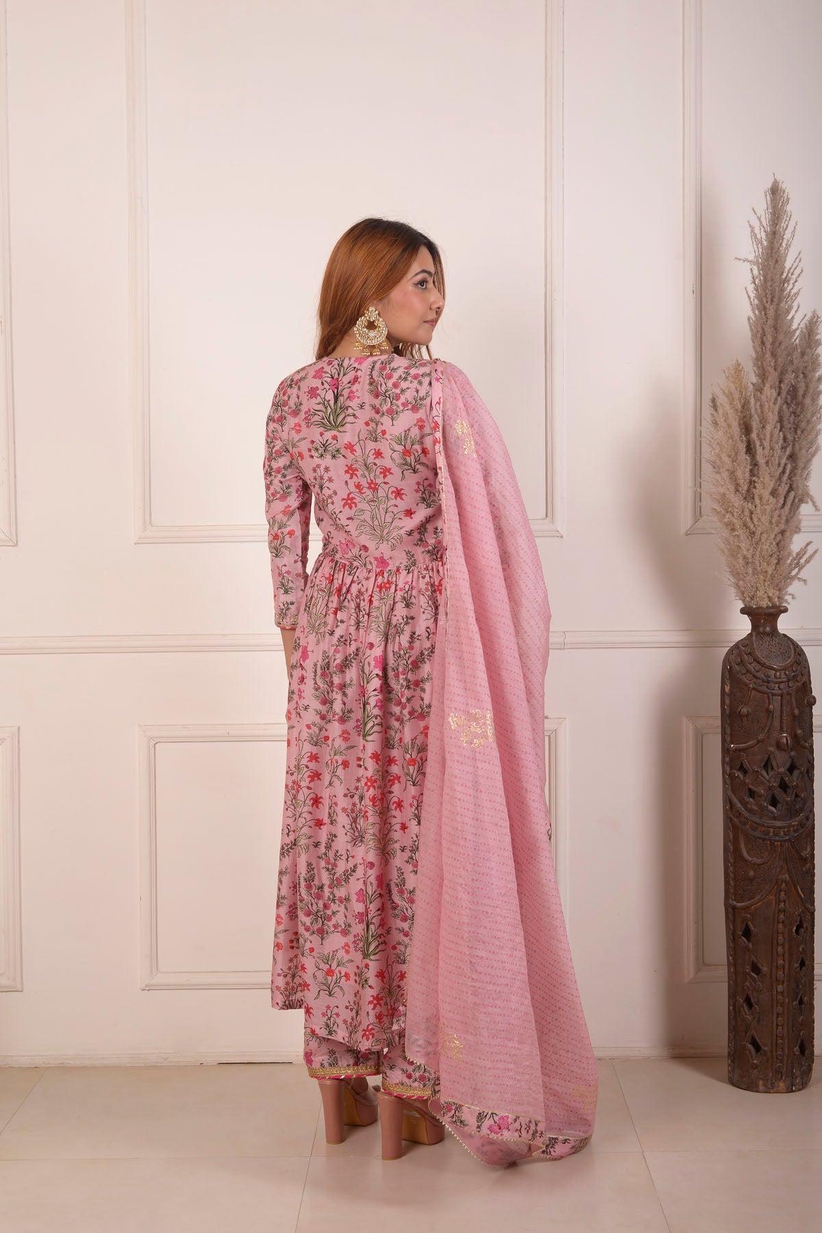 Rimjhim Peach Digital Print With Aari Embroidery Work Yoke Gathered Kurta With Plazzo And Dupatta