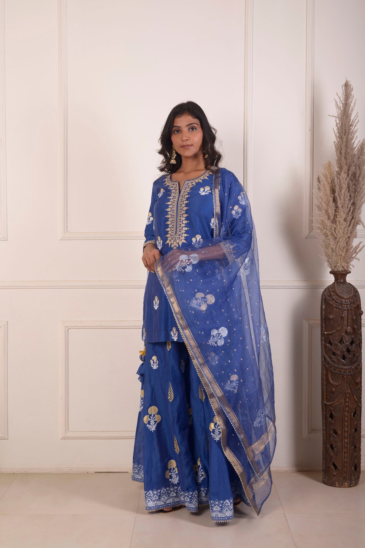 Rimjhim Navi Blue Dori Embroidery Neck With Foil Block Print Short Kurta With Garara And Dupatta