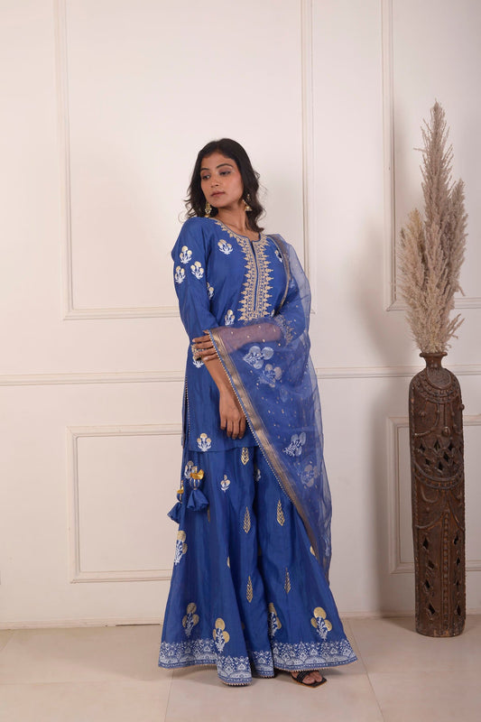 Rimjhim Navi Blue Dori Embroidery Neck With Foil Block Print Short Kurta With Garara And Dupatta