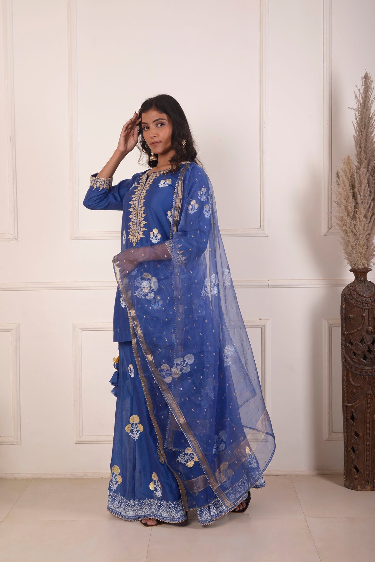 Rimjhim Navi Blue Dori Embroidery Neck With Foil Block Print Short Kurta With Garara And Dupatta