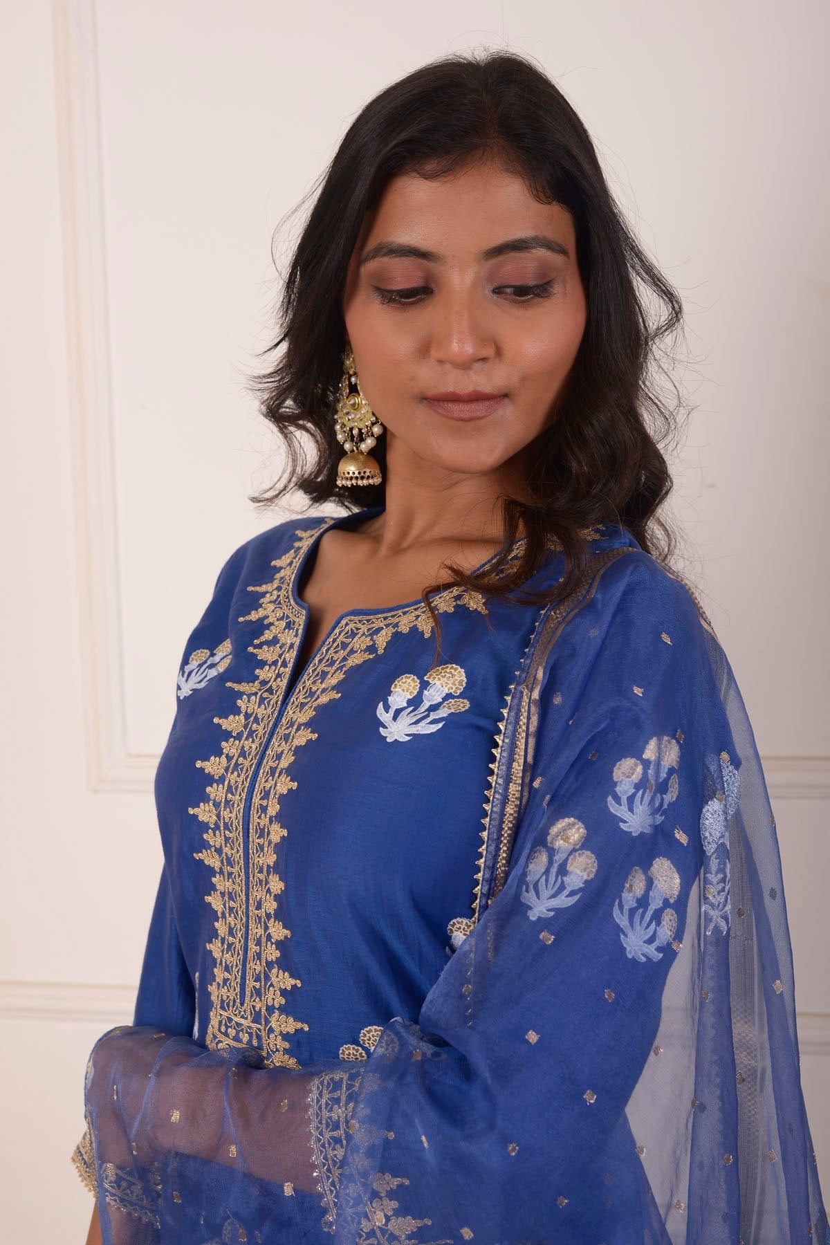 Rimjhim Navi Blue Dori Embroidery Neck With Foil Block Print Short Kurta With Garara And Dupatta