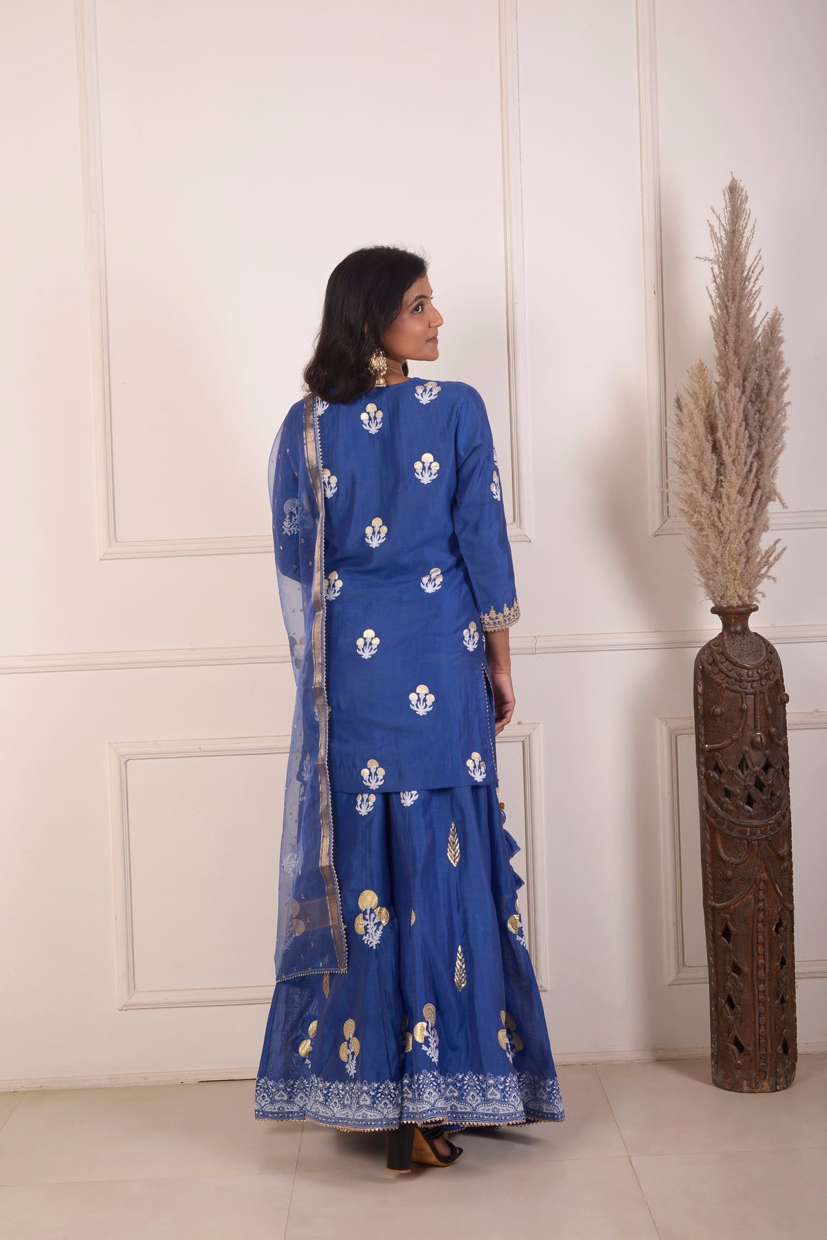 Rimjhim Navi Blue Dori Embroidery Neck With Foil Block Print Short Kurta With Garara And Dupatta