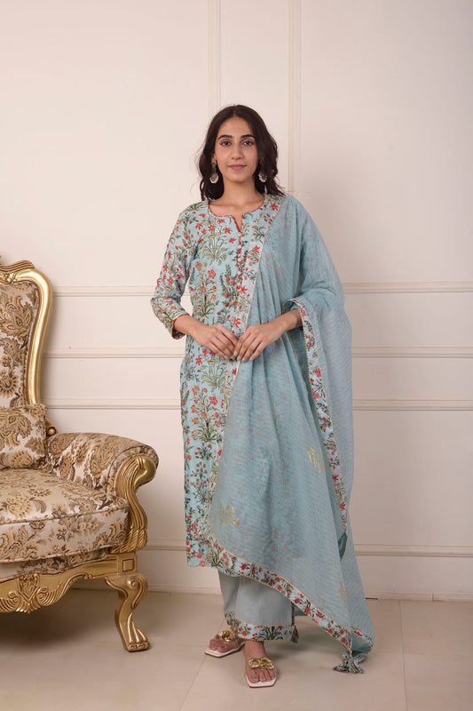 Rimjhim Powder Blue Digital Print With Aari Embroidery Work Straight Kurta With Plazzo And Dupatta