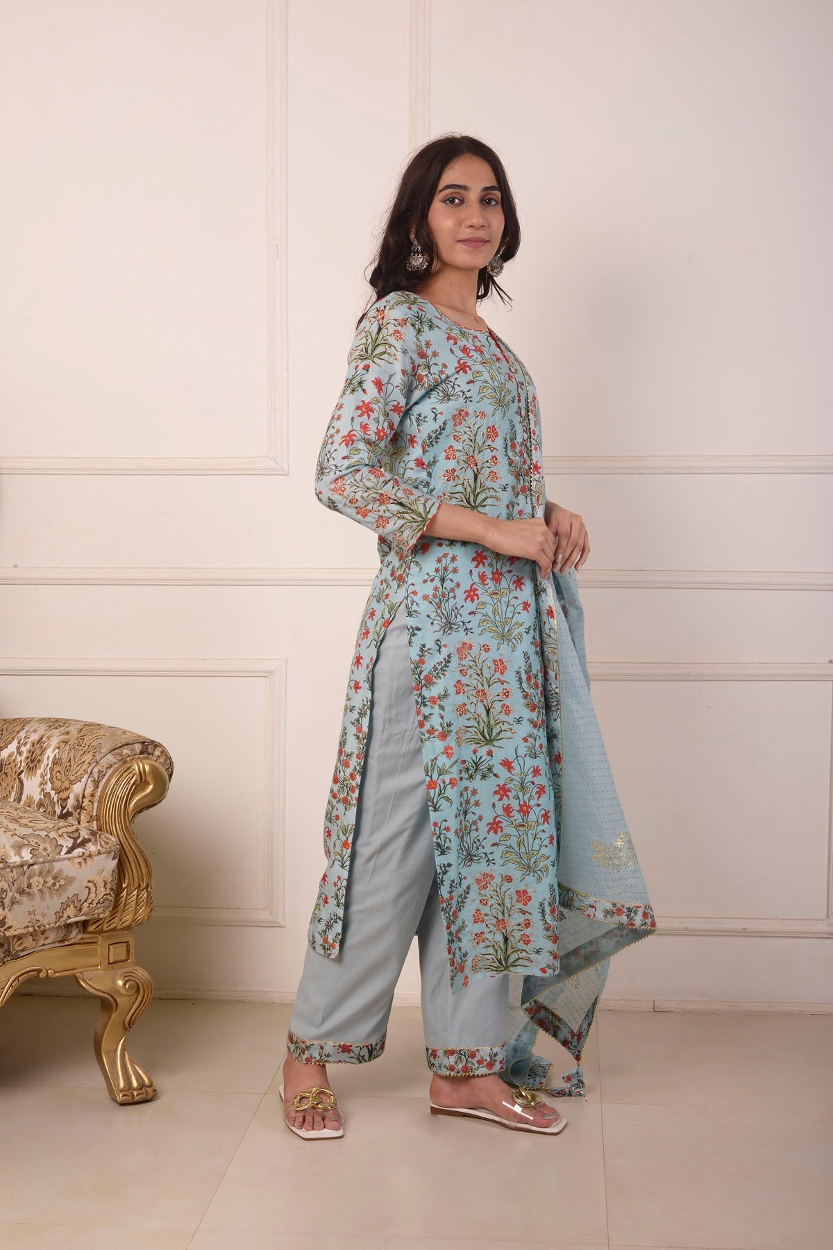 Rimjhim Powder Blue Digital Print With Aari Embroidery Work Straight Kurta With Plazzo And Dupatta