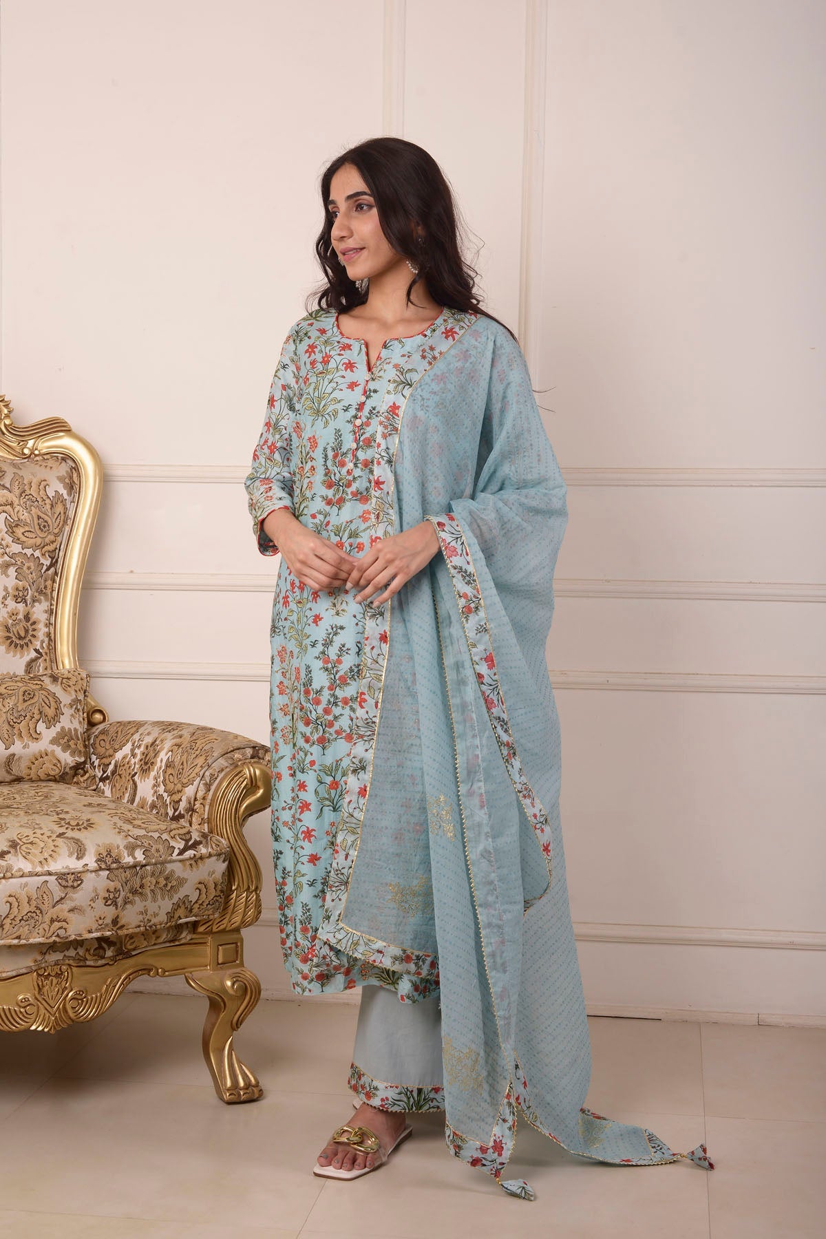 Rimjhim Powder Blue Digital Print With Aari Embroidery Work Straight Kurta With Plazzo And Dupatta