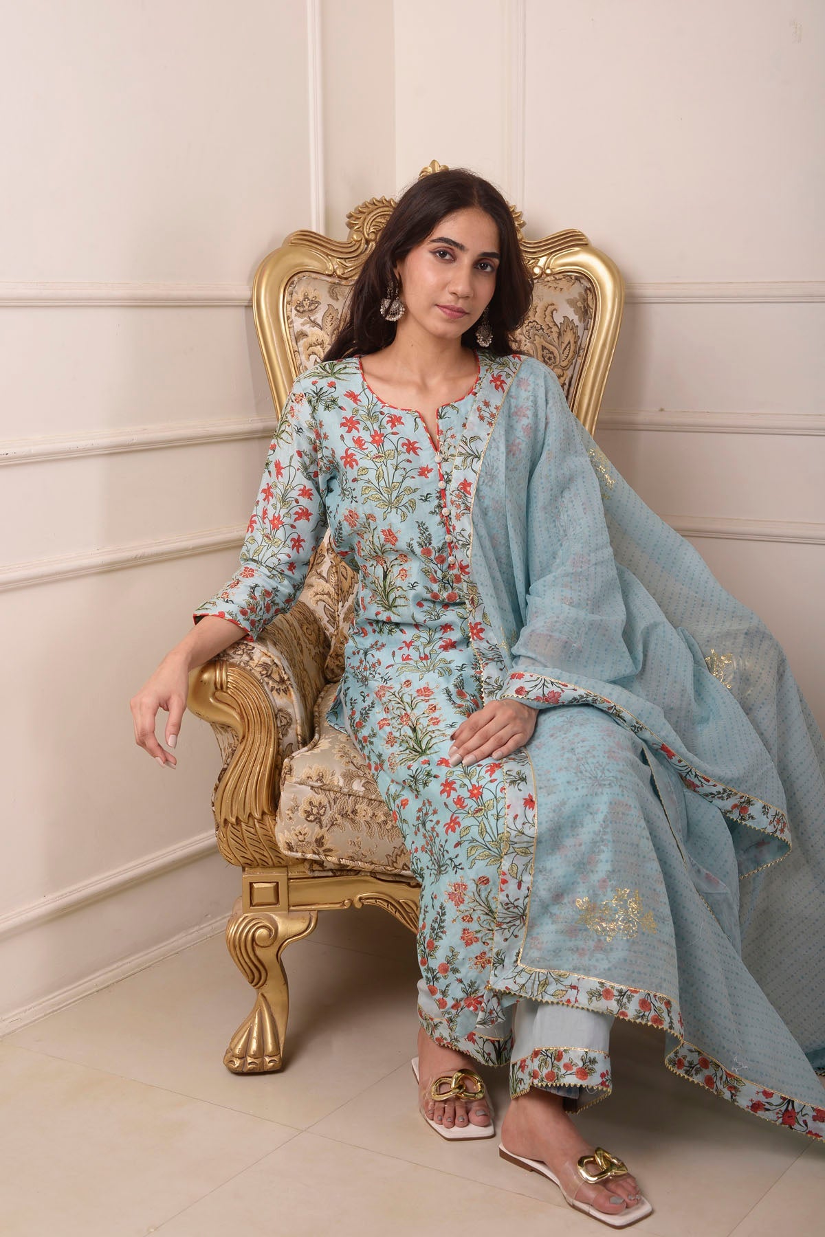 Rimjhim Powder Blue Digital Print With Aari Embroidery Work Straight Kurta With Plazzo And Dupatta