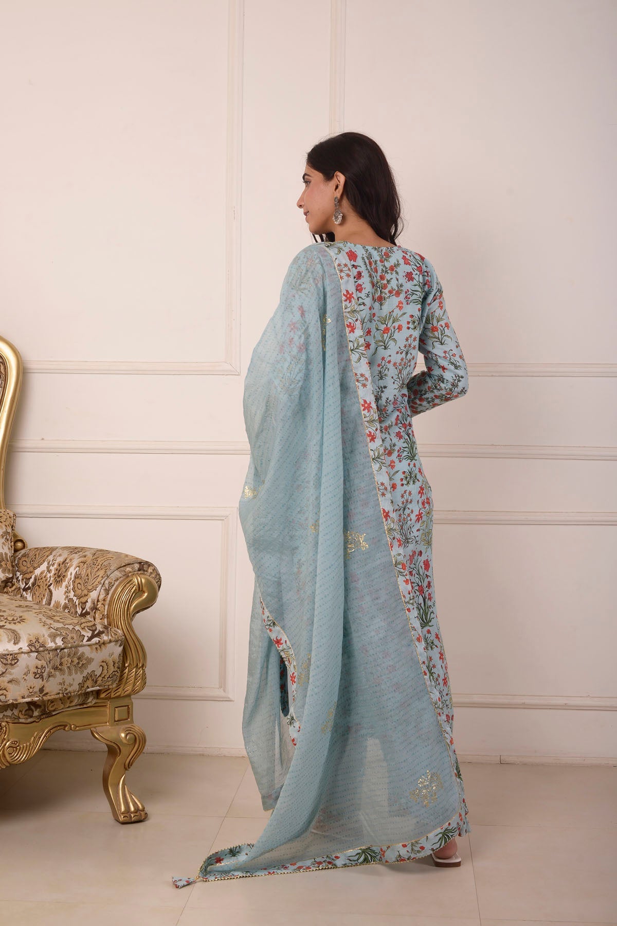 Rimjhim Powder Blue Digital Print With Aari Embroidery Work Straight Kurta With Plazzo And Dupatta