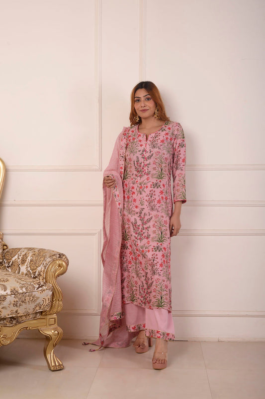 Rimjhim Peach Digital Print With Aari Embroidery Work Straight Kurta With Plazzo And Dupatta