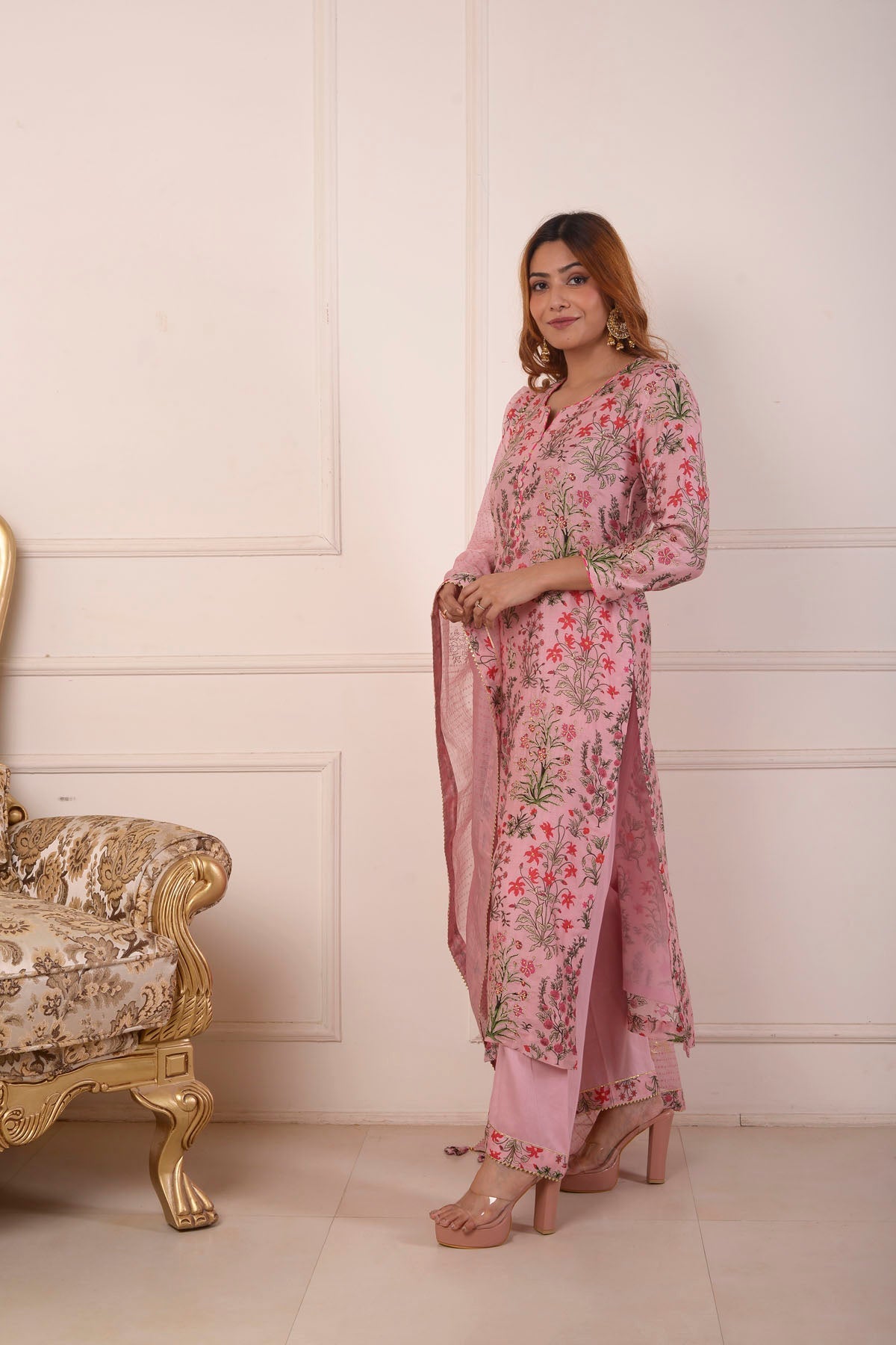 Rimjhim Peach Digital Print With Aari Embroidery Work Straight Kurta With Plazzo And Dupatta