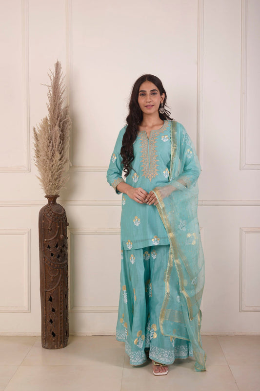 Rimjhim Turquoise Blue Dori Embroidery Neck With Foil Block Print Short Kurta With Garara And Dupatta