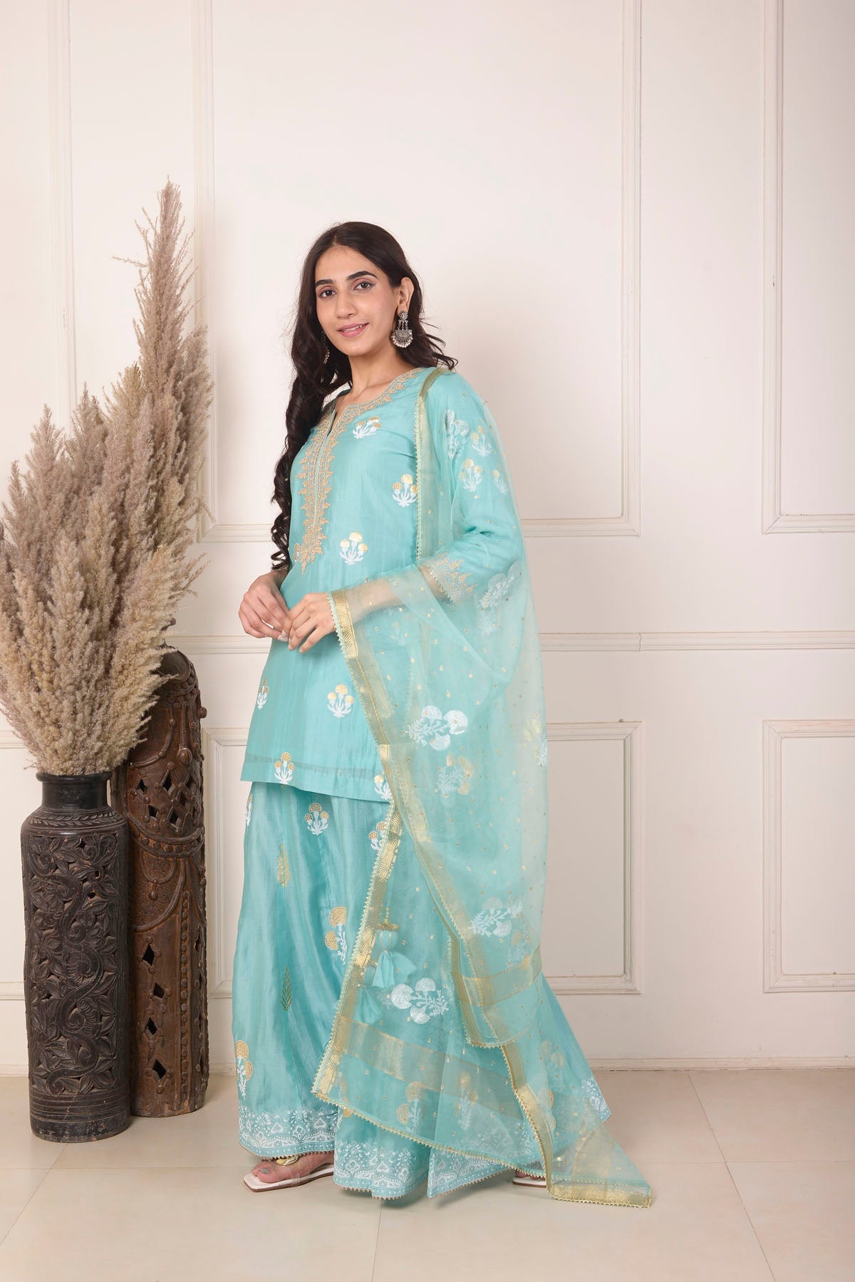 Rimjhim Turquoise Blue Dori Embroidery Neck With Foil Block Print Short Kurta With Garara And Dupatta