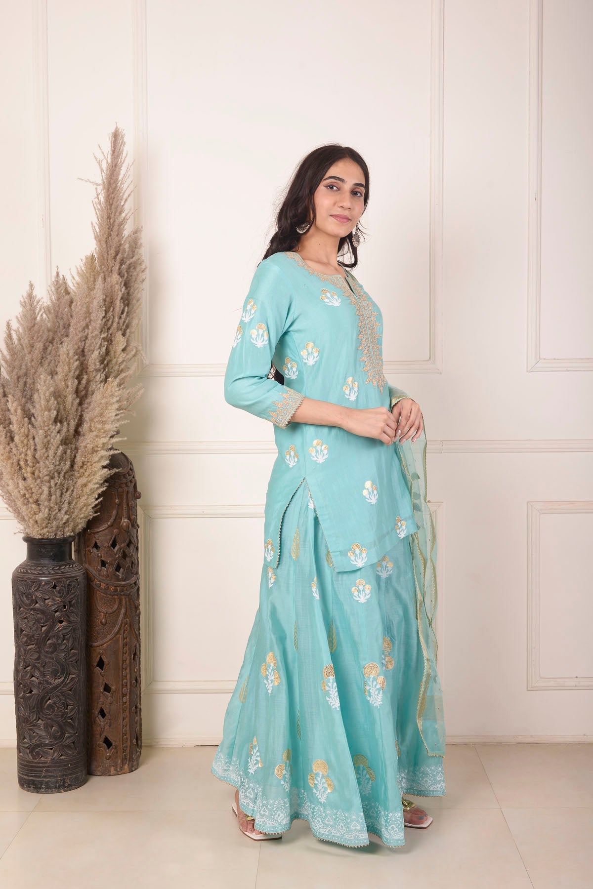 Rimjhim Turquoise Blue Dori Embroidery Neck With Foil Block Print Short Kurta With Garara And Dupatta