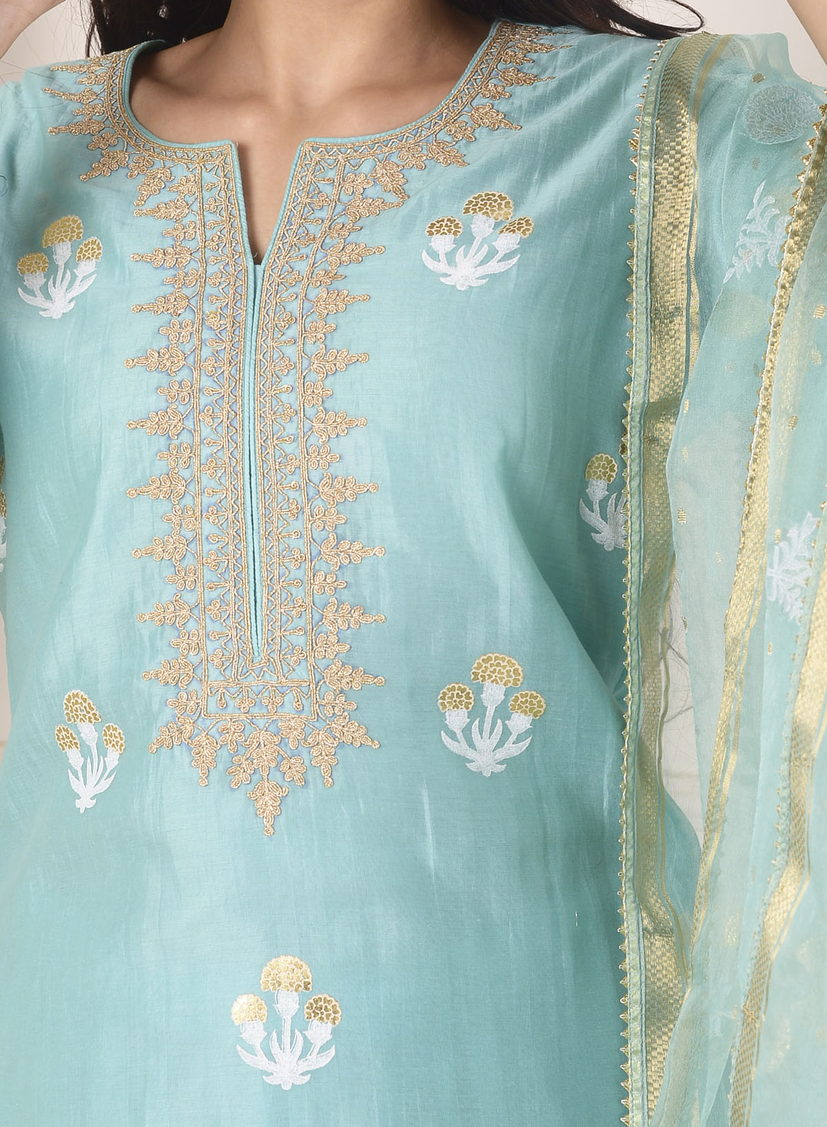 Rimjhim Turquoise Blue Dori Embroidery Neck With Foil Block Print Short Kurta With Garara And Dupatta