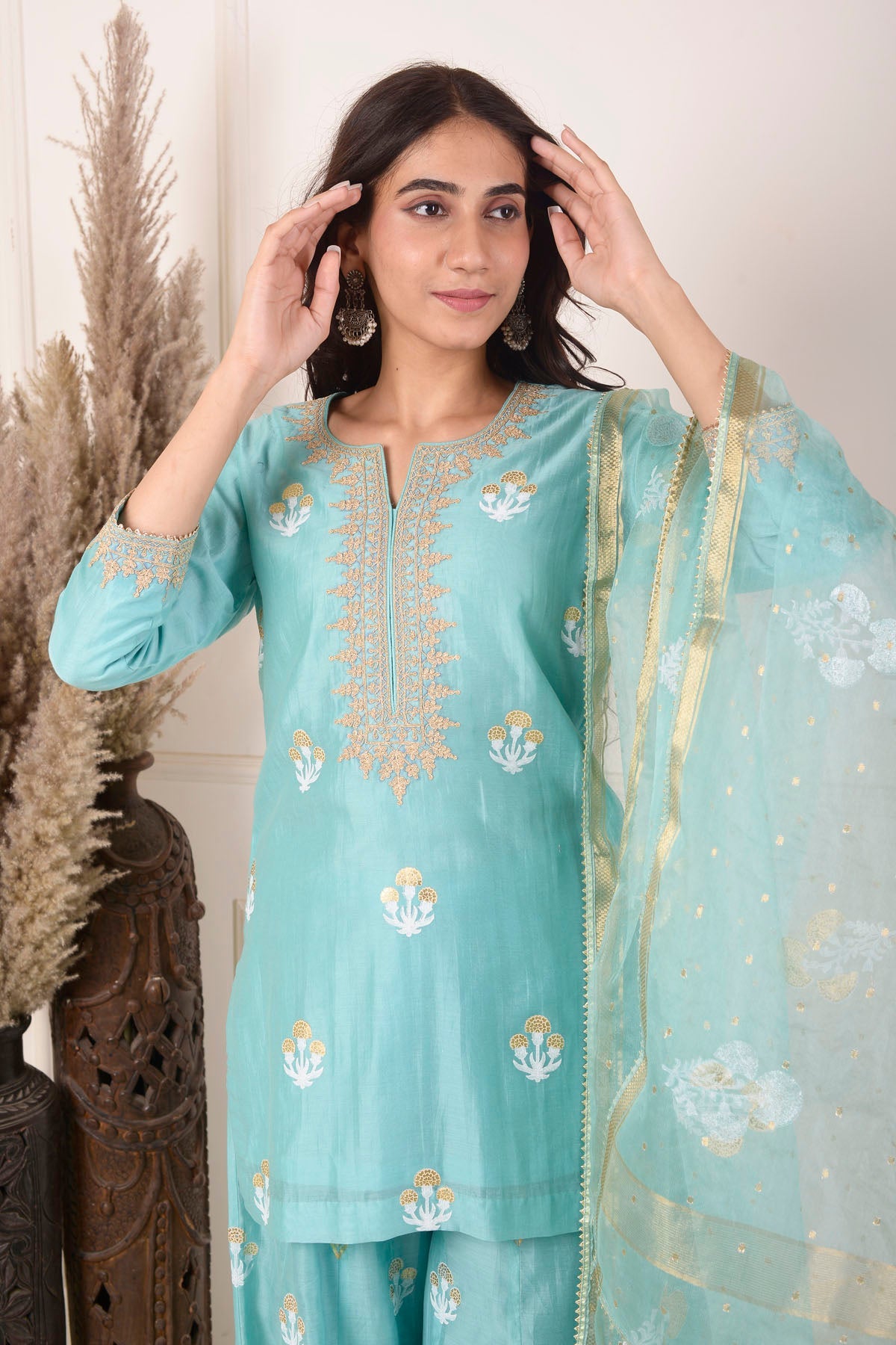 Rimjhim Turquoise Blue Dori Embroidery Neck With Foil Block Print Short Kurta With Garara And Dupatta