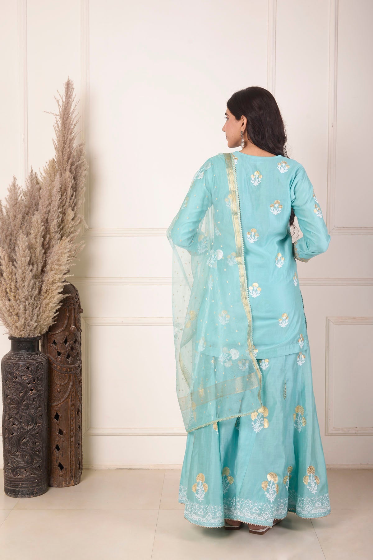 Rimjhim Turquoise Blue Dori Embroidery Neck With Foil Block Print Short Kurta With Garara And Dupatta