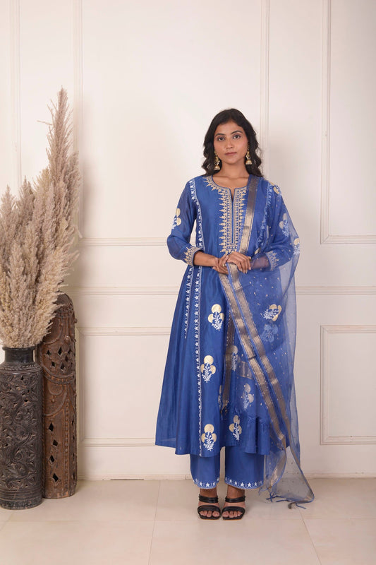 Rimjhim Blue Dori Embroidery Neck With Foil Block Print Anarkali With Plazzo And Dupatta