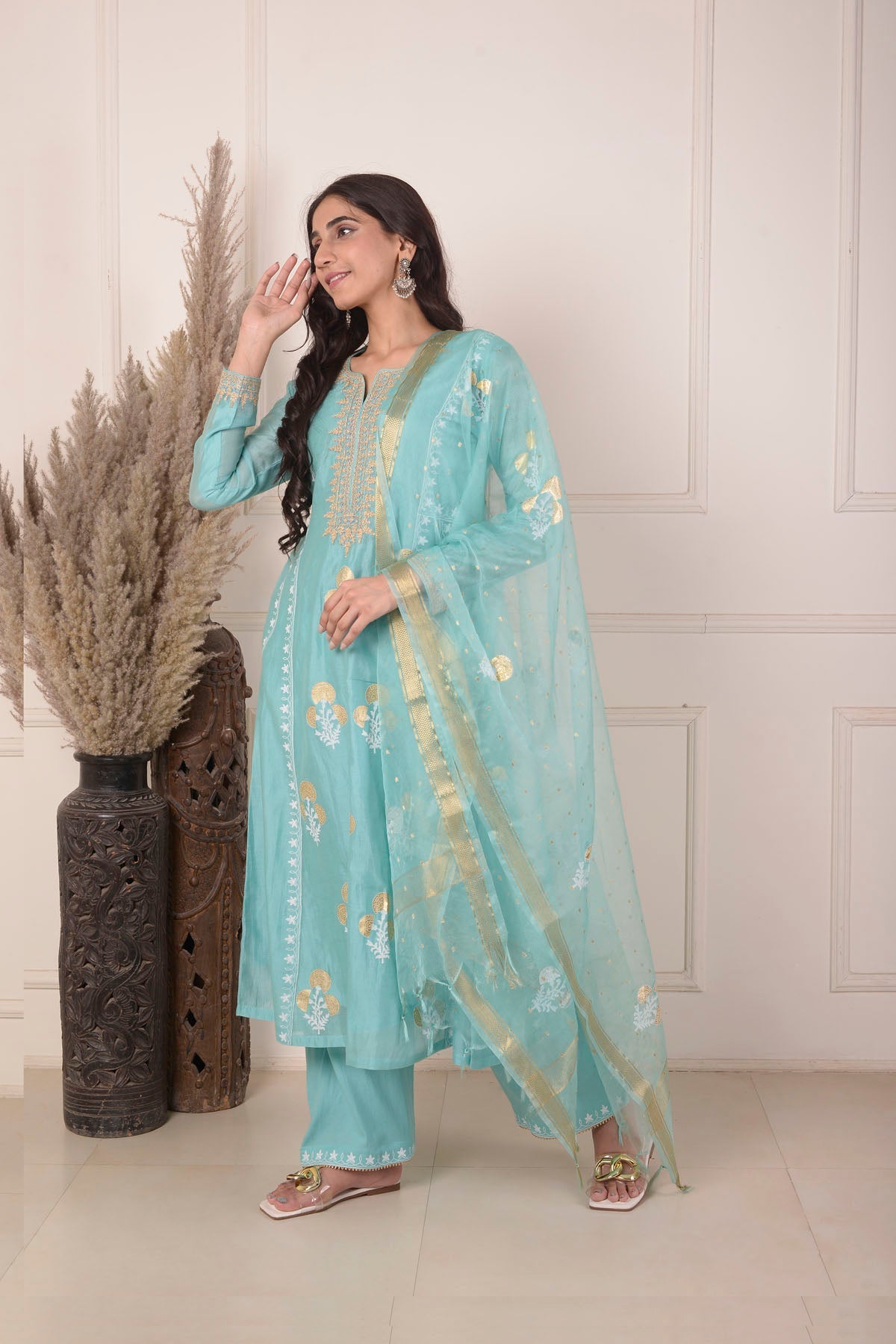 Rimjhim Turquoise Bluedori Embroidery Neck With Foil Block Print Anarkali With Plazzo And Dupatta