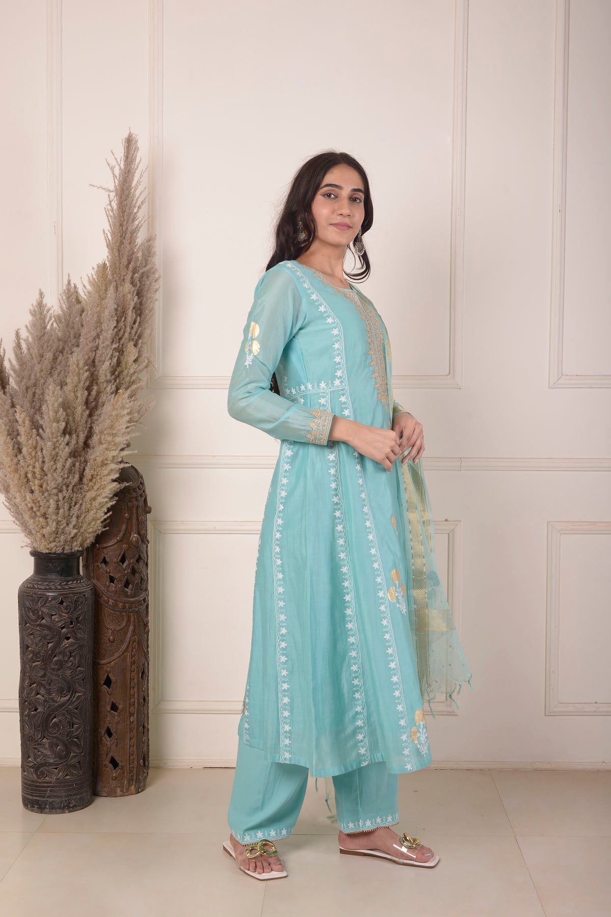 Rimjhim Turquoise Bluedori Embroidery Neck With Foil Block Print Anarkali With Plazzo And Dupatta