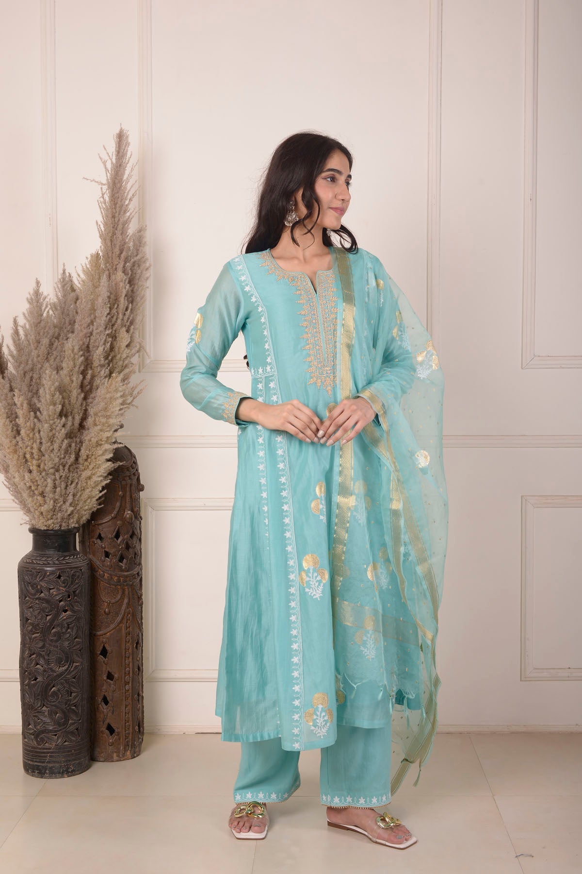 Rimjhim Turquoise Bluedori Embroidery Neck With Foil Block Print Anarkali With Plazzo And Dupatta