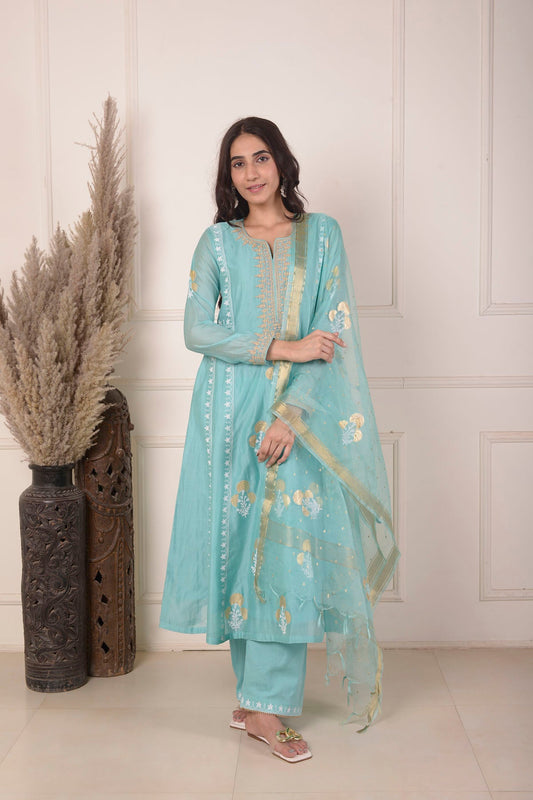 Rimjhim Turquoise Bluedori Embroidery Neck With Foil Block Print Anarkali With Plazzo And Dupatta