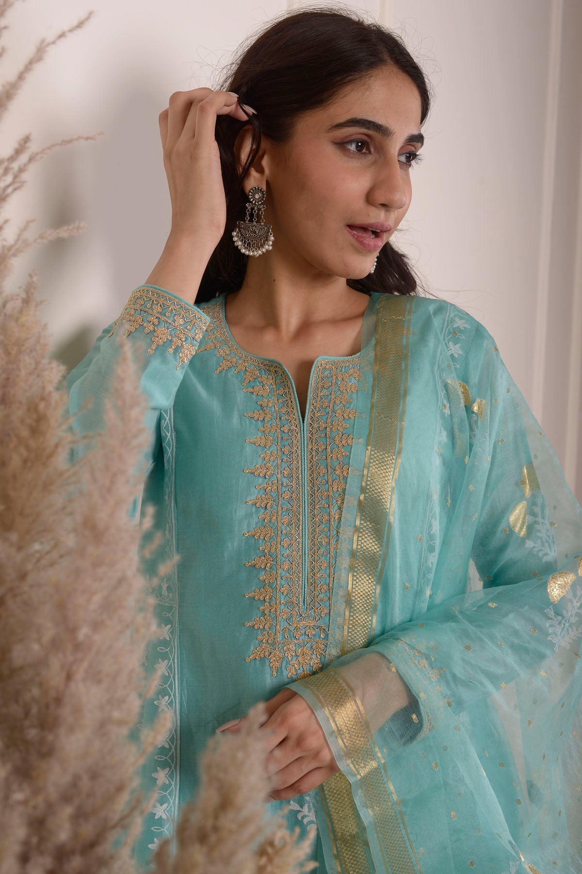 Rimjhim Turquoise Bluedori Embroidery Neck With Foil Block Print Anarkali With Plazzo And Dupatta