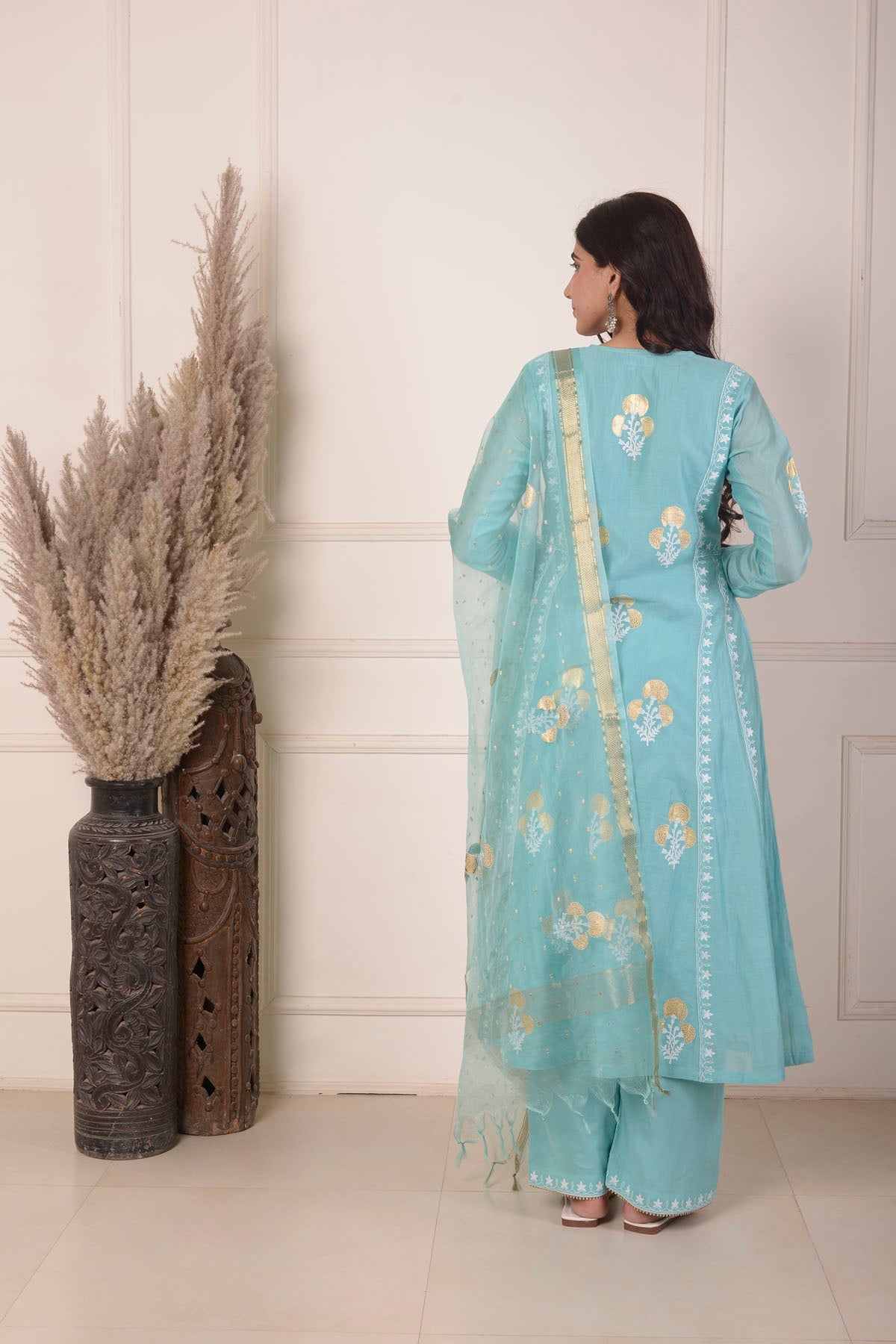 Rimjhim Turquoise Bluedori Embroidery Neck With Foil Block Print Anarkali With Plazzo And Dupatta