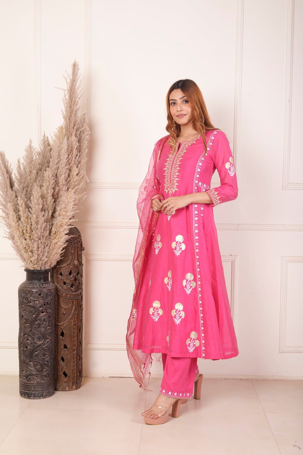 Rimjhim Rani Dori Embroidery Neck With Foil Block Print Anarkali With Plazzo And Dupatta