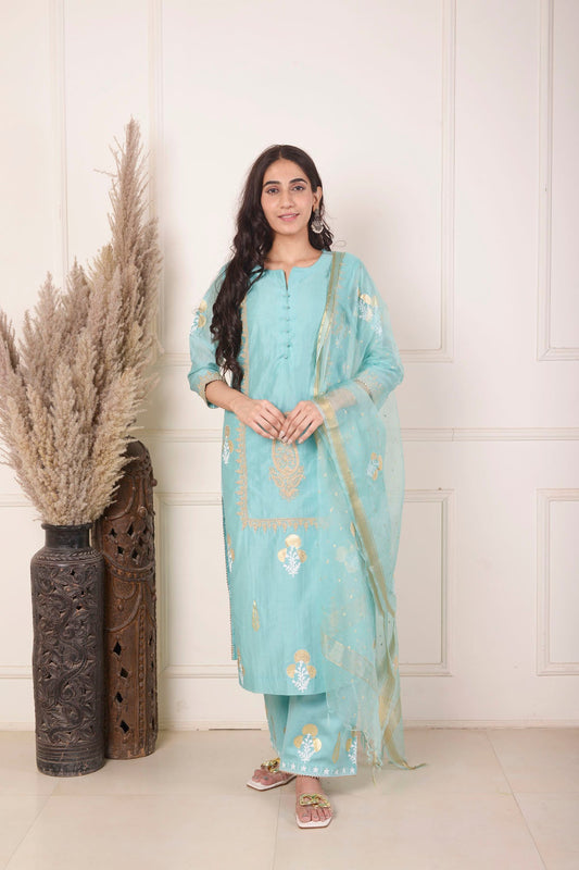 Rimjhim Turquoise Blue Dori Embroidery With Foil Block Print Straight Kurta With Plazzo And Dupatta