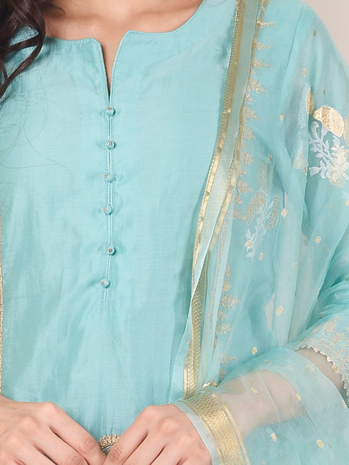 Rimjhim Turquoise Blue Dori Embroidery With Foil Block Print Straight Kurta With Plazzo And Dupatta