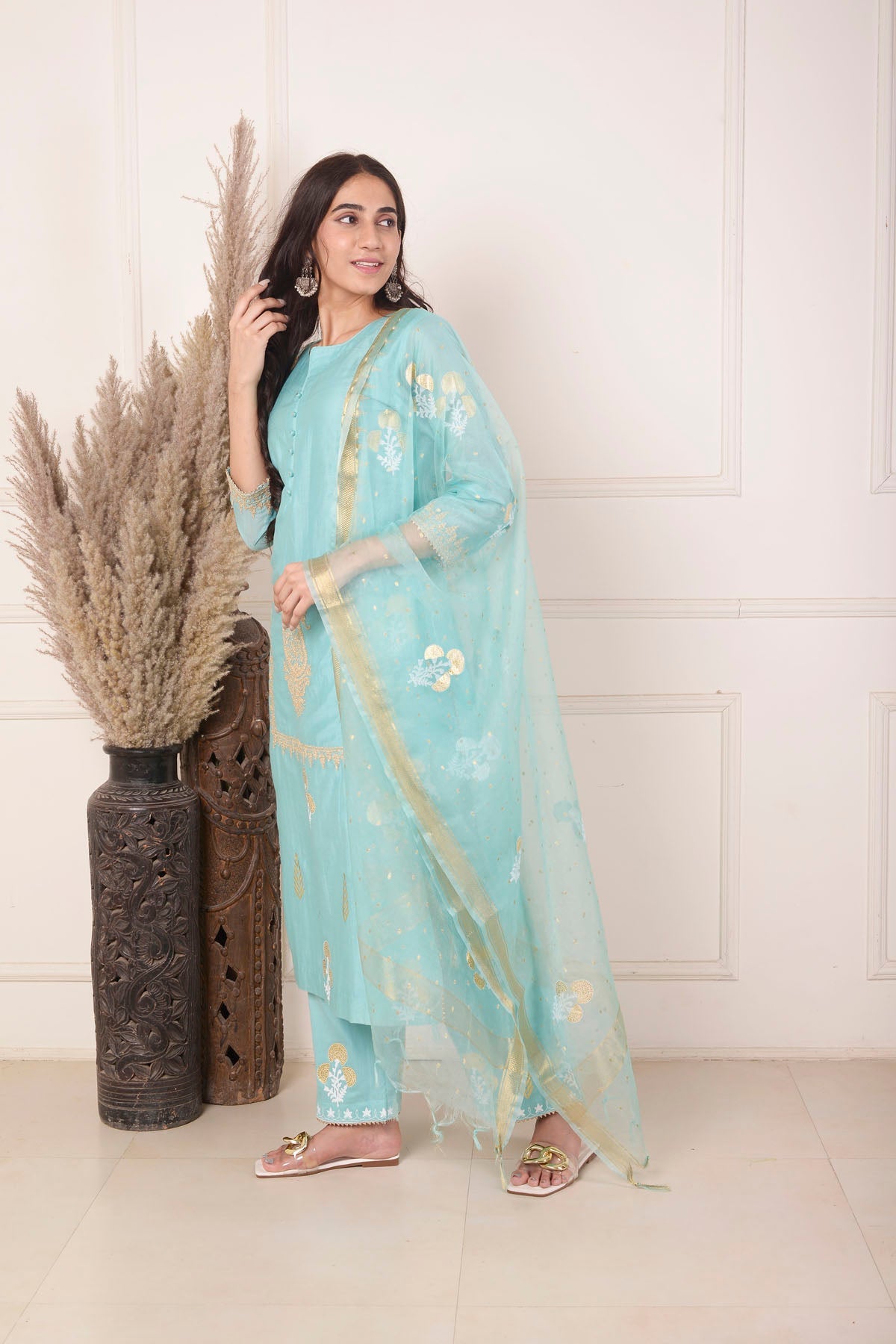 Rimjhim Turquoise Blue Dori Embroidery With Foil Block Print Straight Kurta With Plazzo And Dupatta