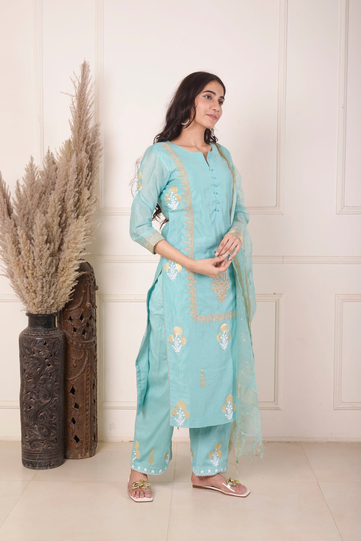 Rimjhim Turquoise Blue Dori Embroidery With Foil Block Print Straight Kurta With Plazzo And Dupatta