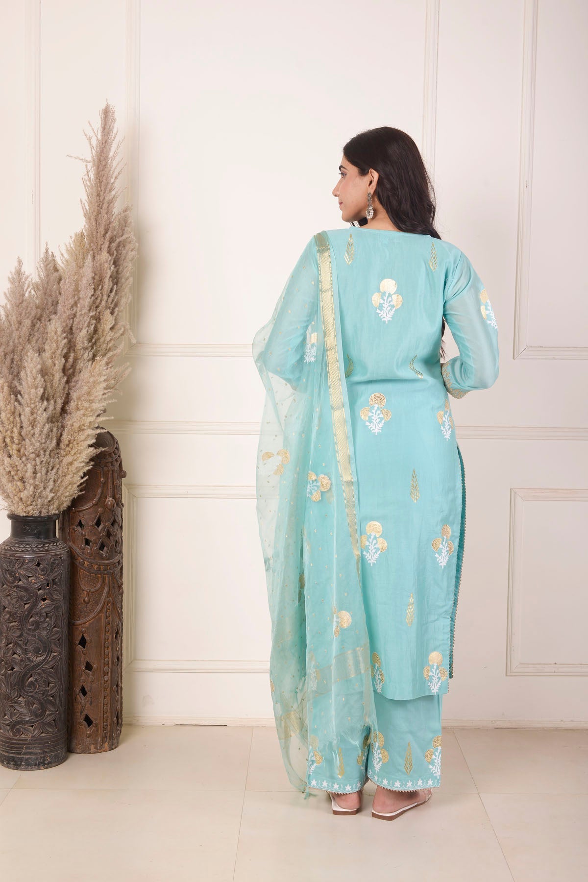 Rimjhim Turquoise Blue Dori Embroidery With Foil Block Print Straight Kurta With Plazzo And Dupatta