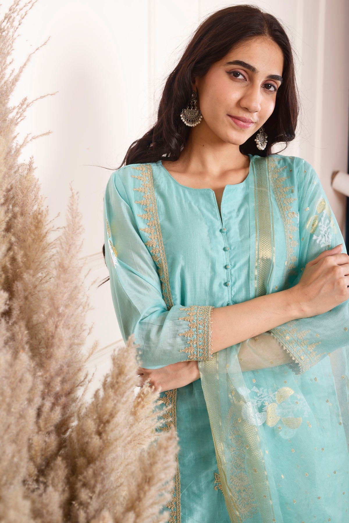 Rimjhim Turquoise Blue Dori Embroidery With Foil Block Print Straight Kurta With Plazzo And Dupatta