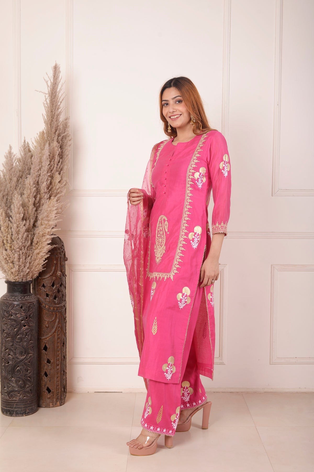 Rimjhim Rani Dori Embroidery With Foil Block Print Straight Kurta With Plazzo And Dupatta