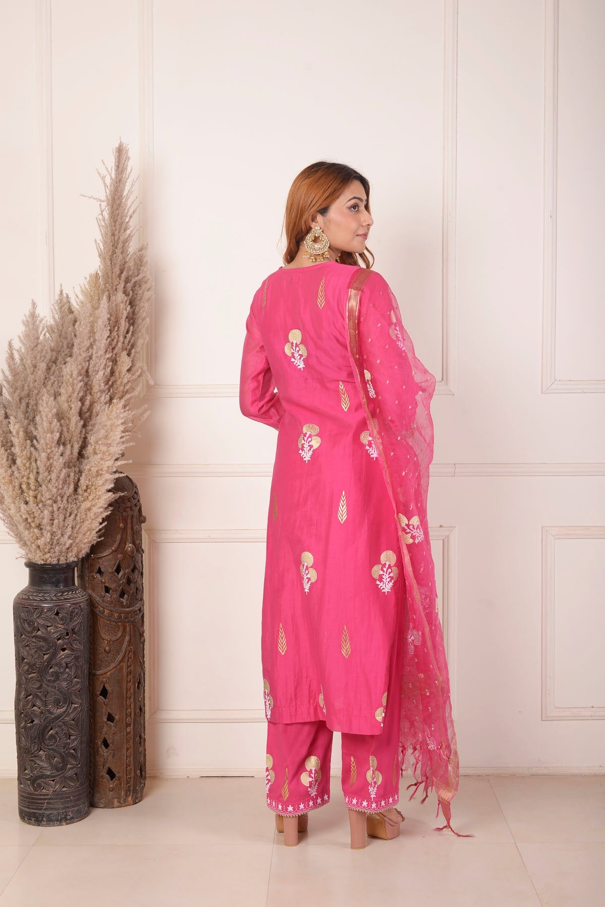 Rimjhim Rani Dori Embroidery With Foil Block Print Straight Kurta With Plazzo And Dupatta