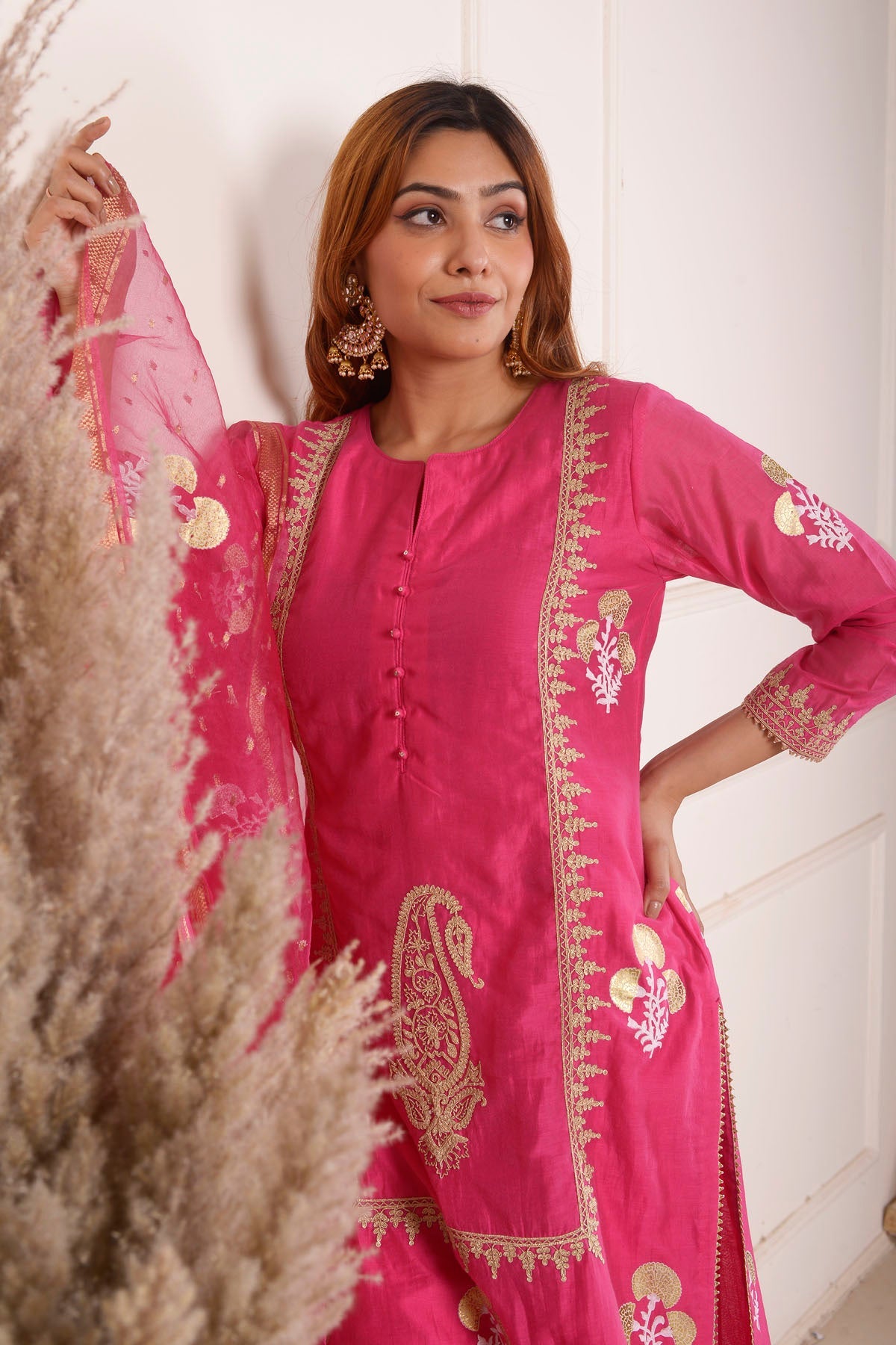 Rimjhim Rani Dori Embroidery With Foil Block Print Straight Kurta With Plazzo And Dupatta