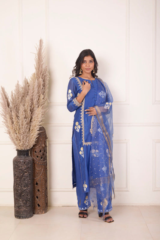 Rimjhim Blue Dori Embroidery With Foil Block Print Straight Kurta With Plazzo And Dupatta