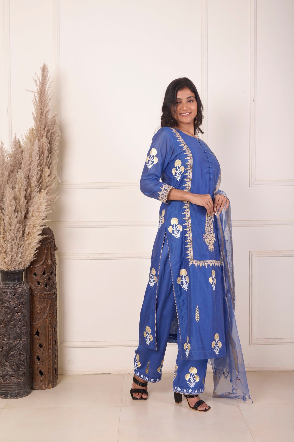 Rimjhim Blue Dori Embroidery With Foil Block Print Straight Kurta With Plazzo And Dupatta