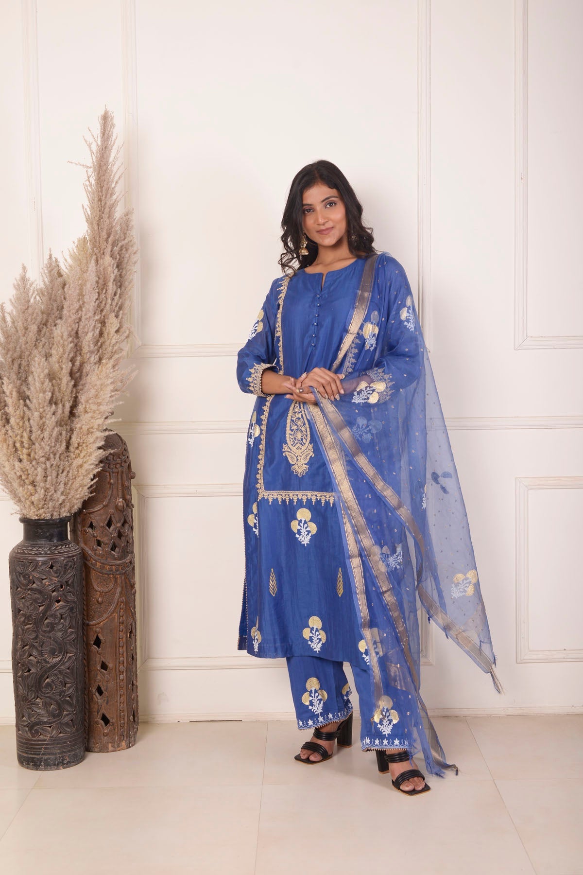 Rimjhim Blue Dori Embroidery With Foil Block Print Straight Kurta With Plazzo And Dupatta