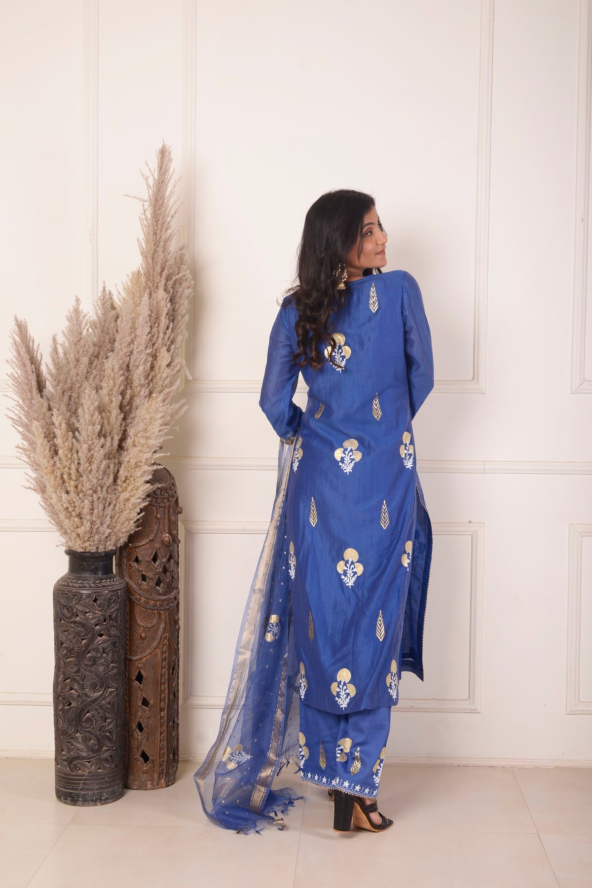 Rimjhim Blue Dori Embroidery With Foil Block Print Straight Kurta With Plazzo And Dupatta