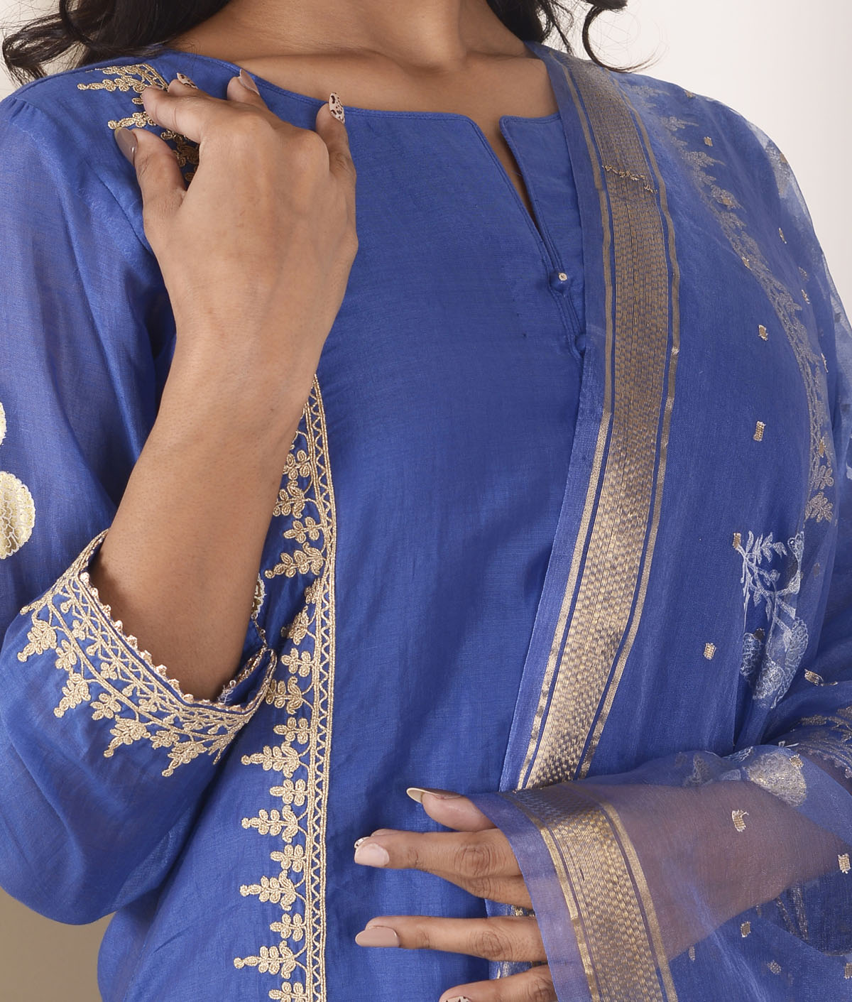 Rimjhim Blue Dori Embroidery With Foil Block Print Straight Kurta With Plazzo And Dupatta