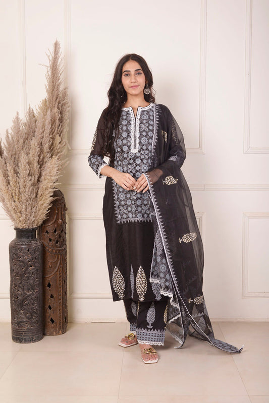 Rimjhim Black With White Lace Work And Foil Block Print Straight Kurta With Plazzo And Dupatta