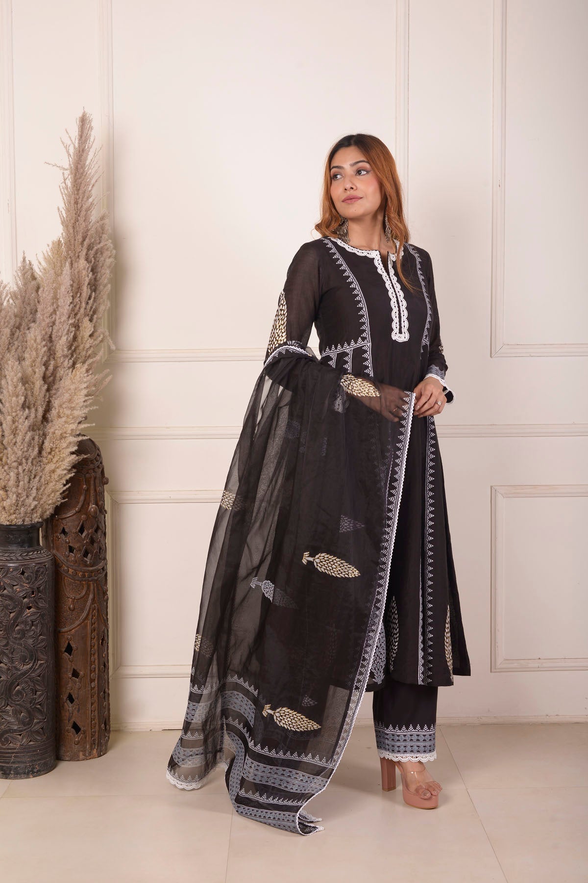 Rimjhim Black With White Lace Work And Foil Block Print Anarkali With Plazzo And Dupatta