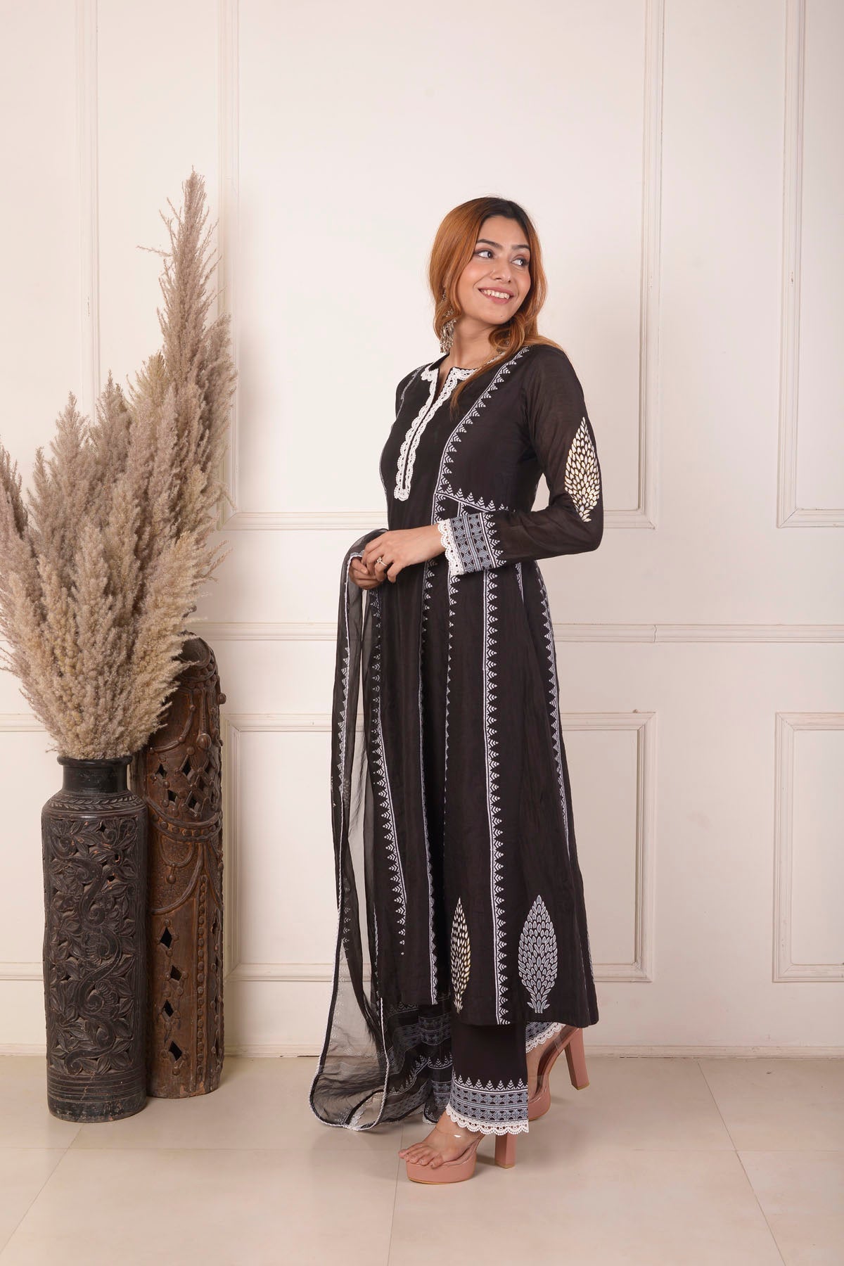 Rimjhim Black With White Lace Work And Foil Block Print Anarkali With Plazzo And Dupatta