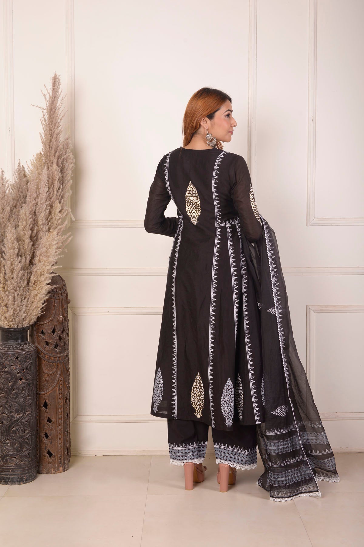 Rimjhim Black With White Lace Work And Foil Block Print Anarkali With Plazzo And Dupatta