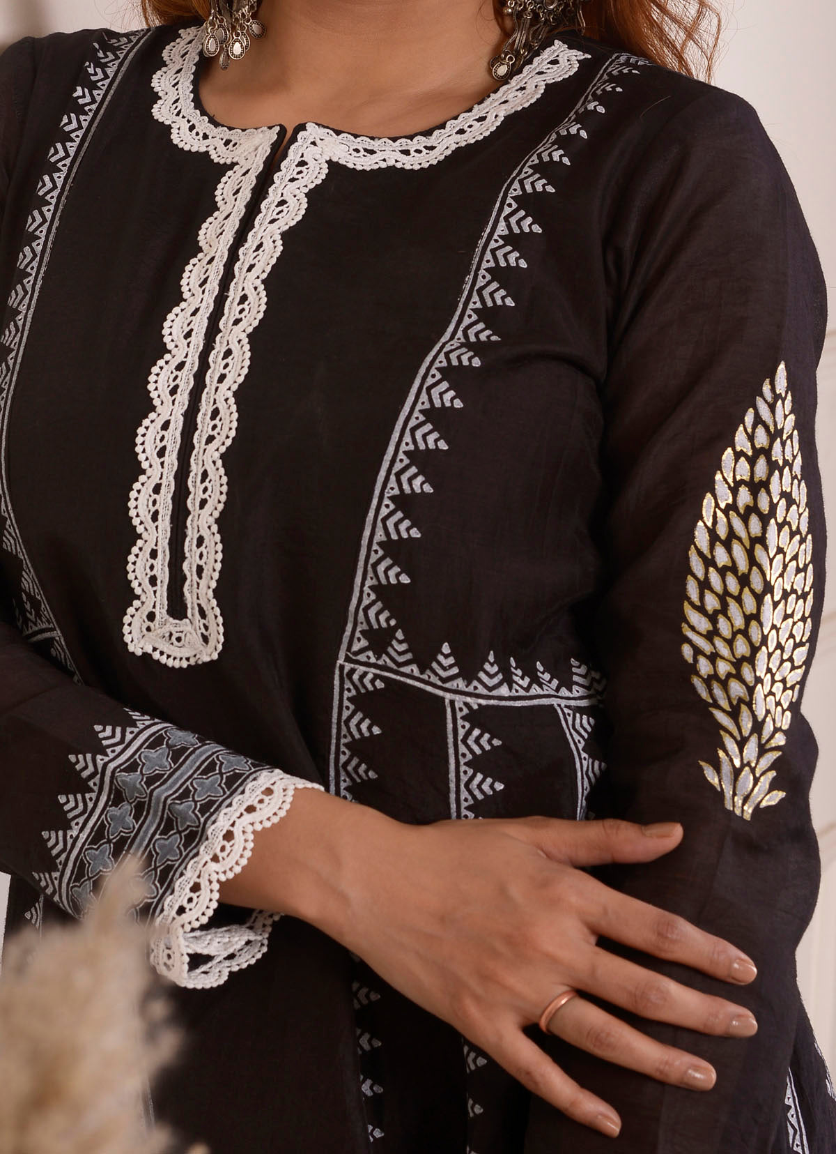 Rimjhim Black With White Lace Work And Foil Block Print Anarkali With Plazzo And Dupatta