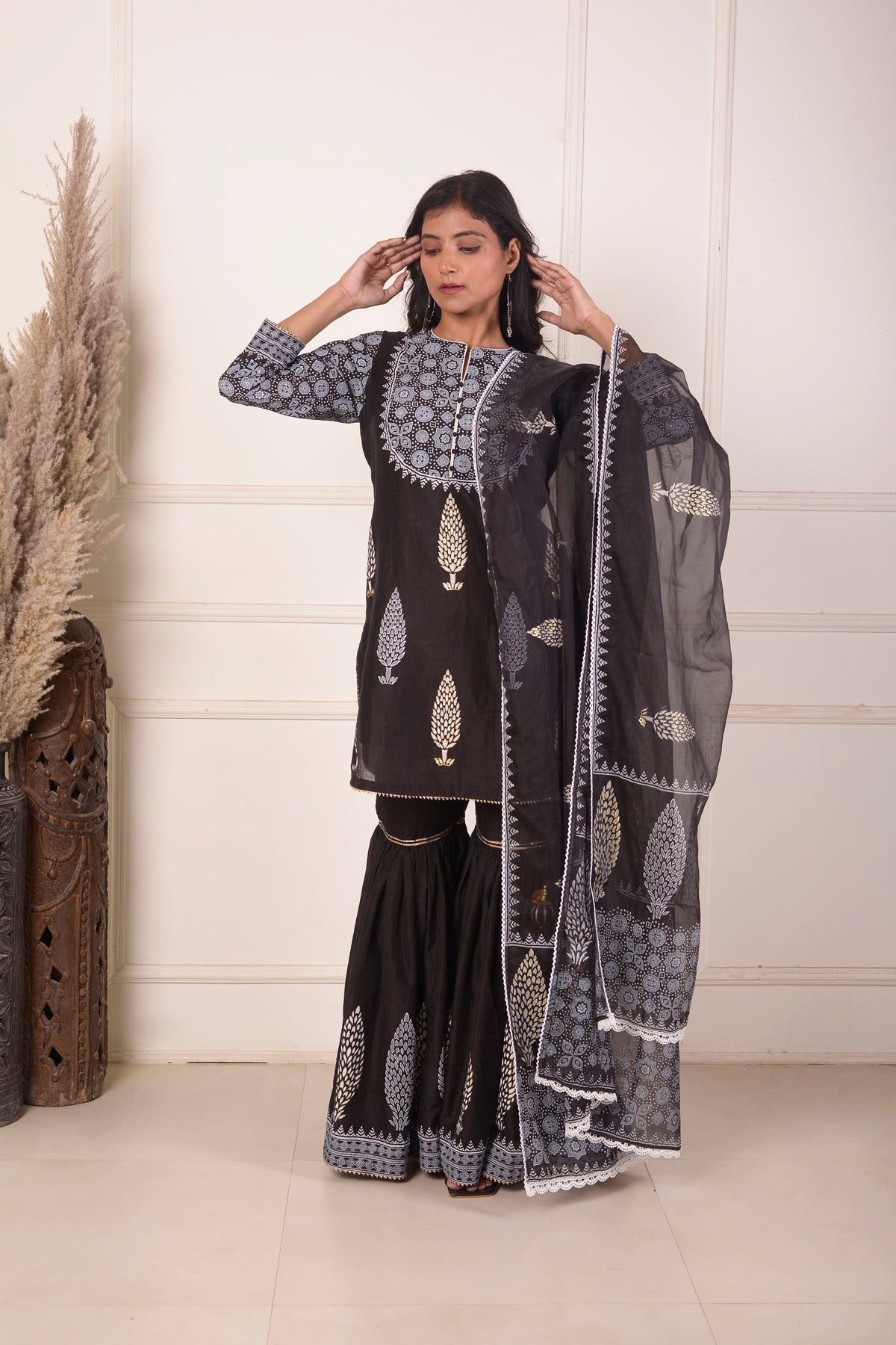 Rimjhim Black With White Lace Work And Foil Block Print Short Kurta With Garara And Dupatta