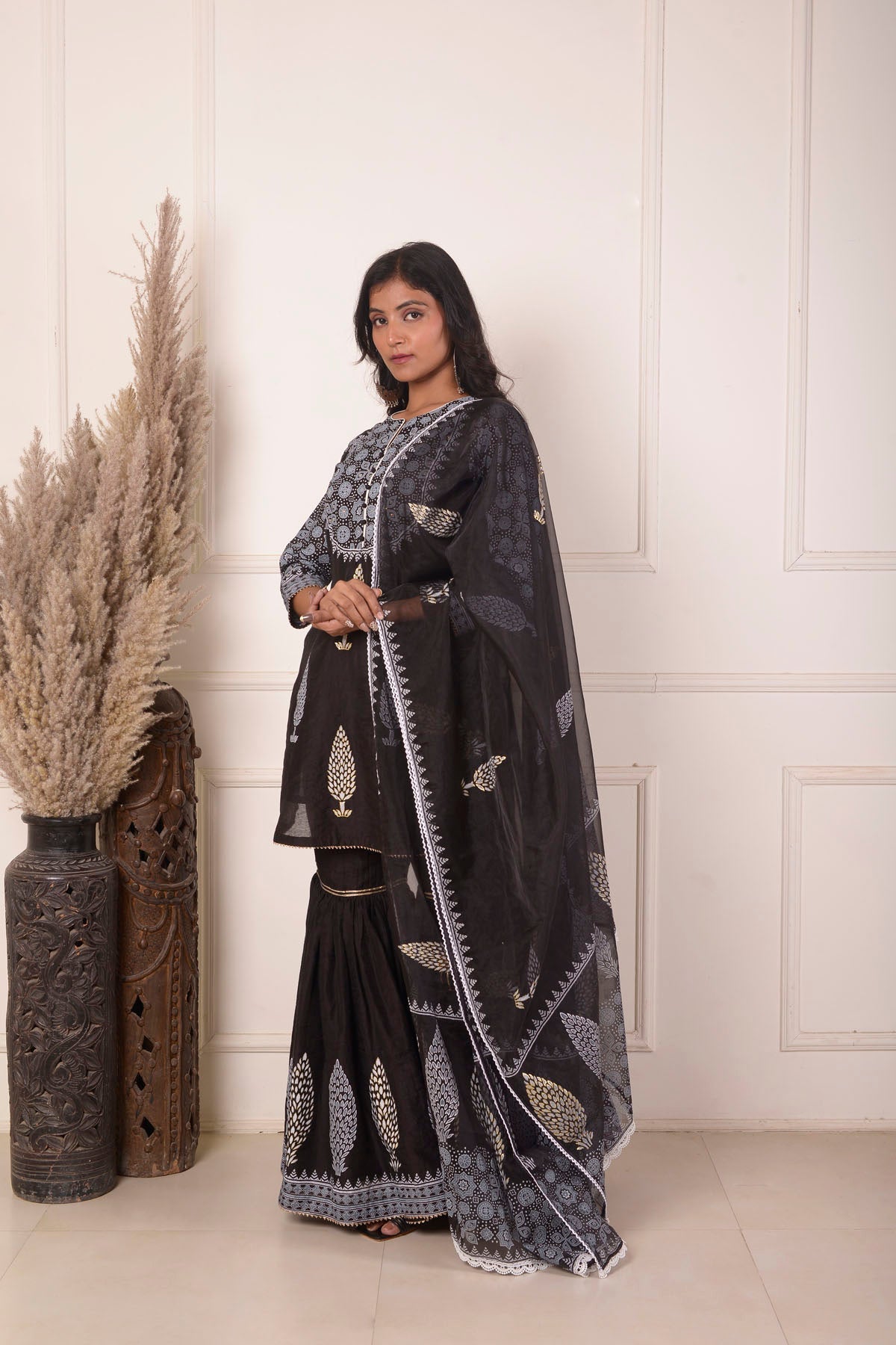 Rimjhim Black With White Lace Work And Foil Block Print Short Kurta With Garara And Dupatta